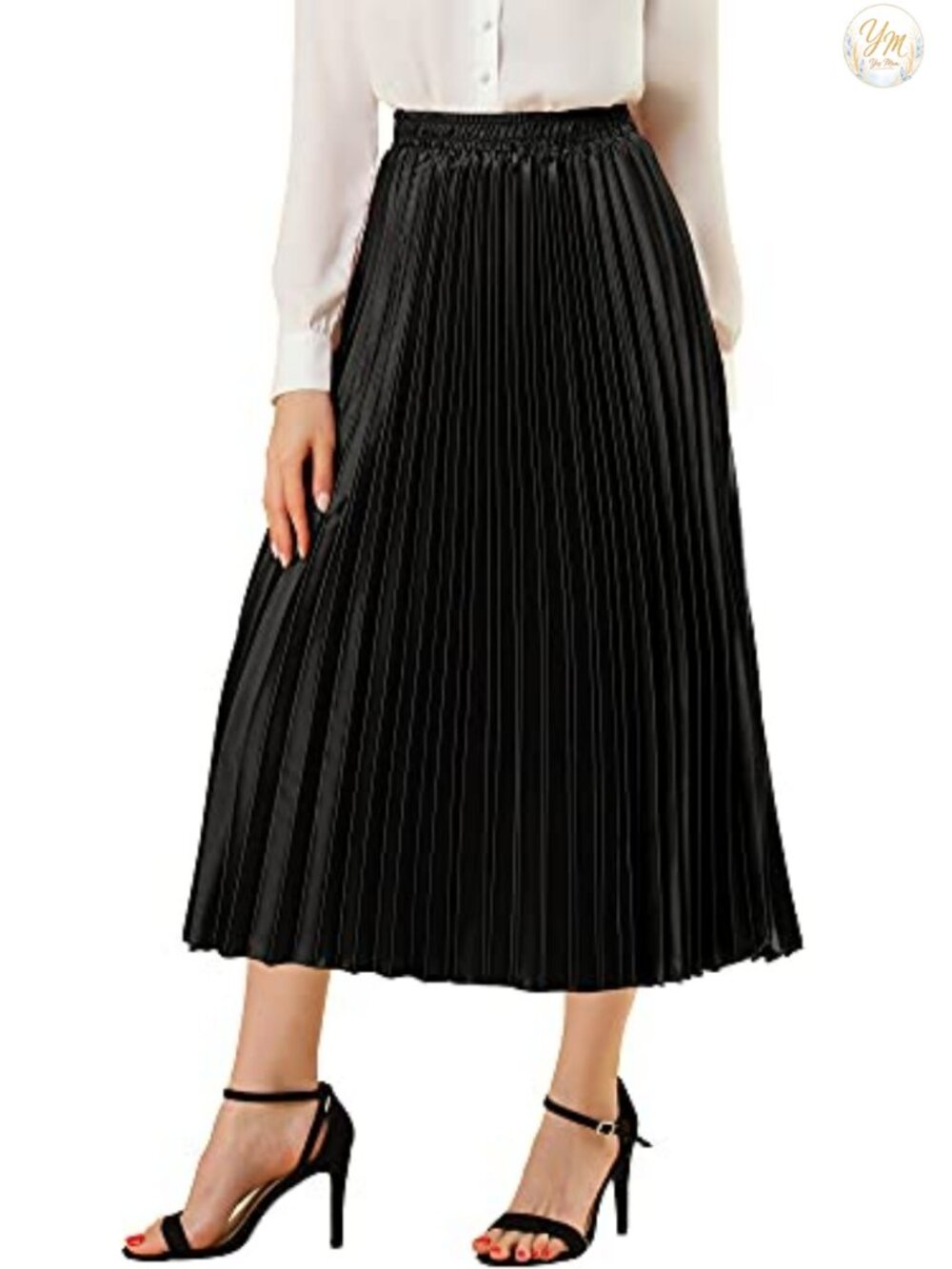 Pleated Midi Skirt High Waisted A-Line Metallic Party Skirt